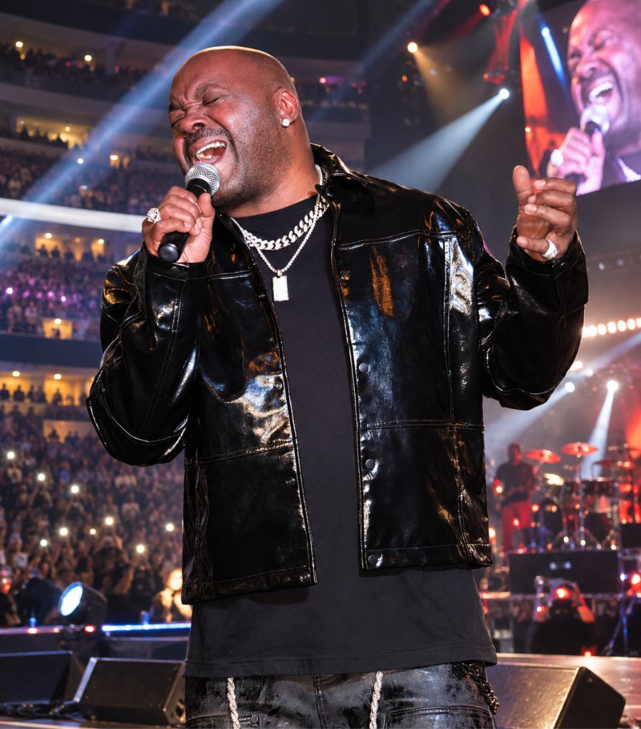 Joe Little III singing on stage in front of a packed arena