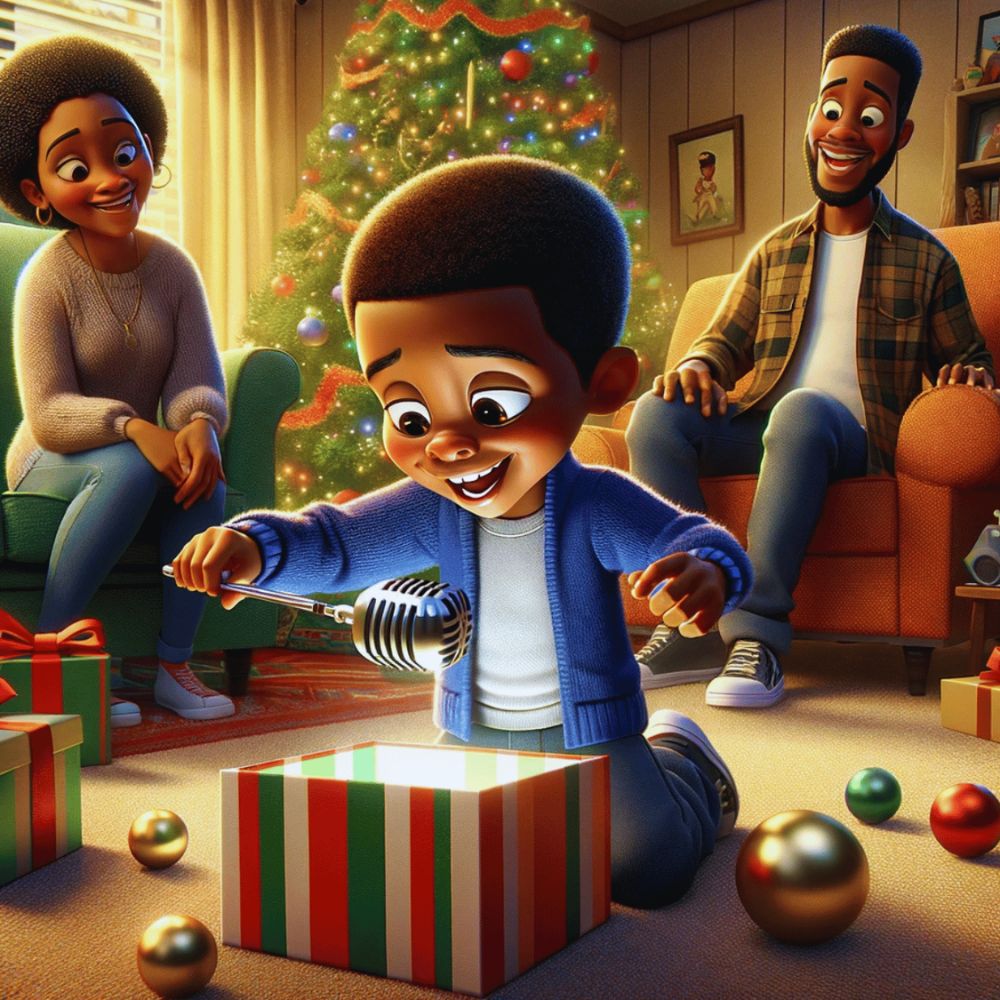 Joey kneels by the Christmas tree lifting a shiny microphone out of a striped gift box while his parents watch